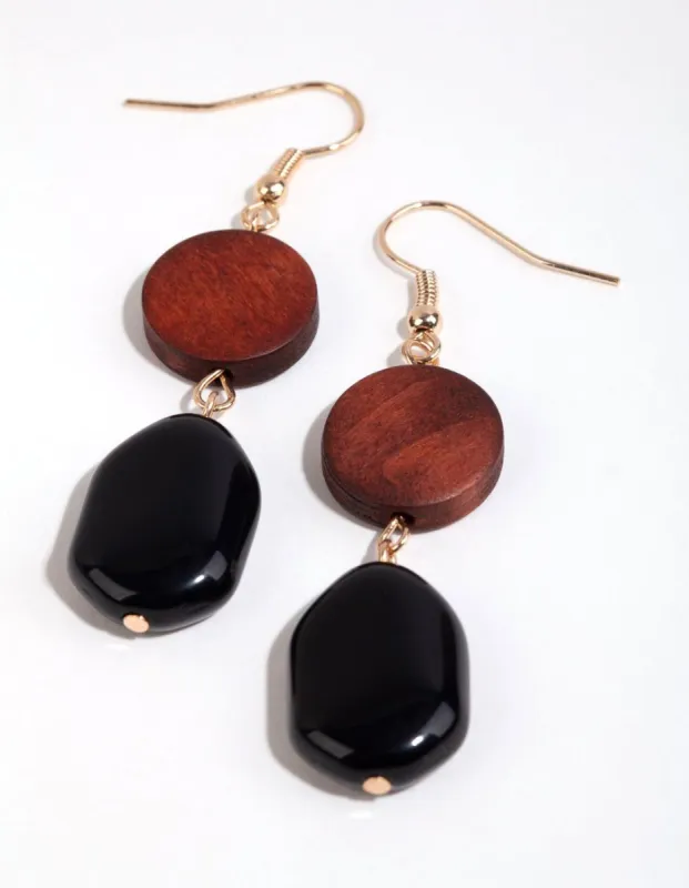 Black Wood & Bead Drop Earrings sold by lovisa