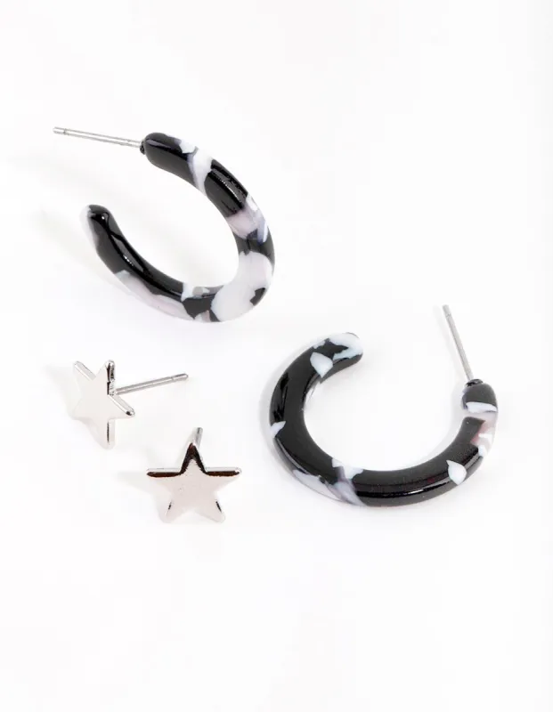Mixed Metal Star & Acrylic Hoop Earring Set sold by lovisa