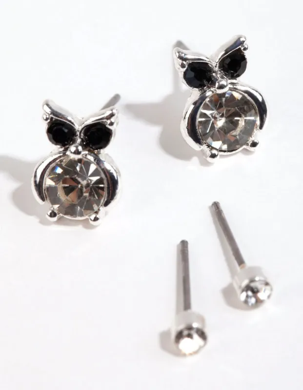 Silver Diamante Owl Stud Earring Pack sold by lovisa