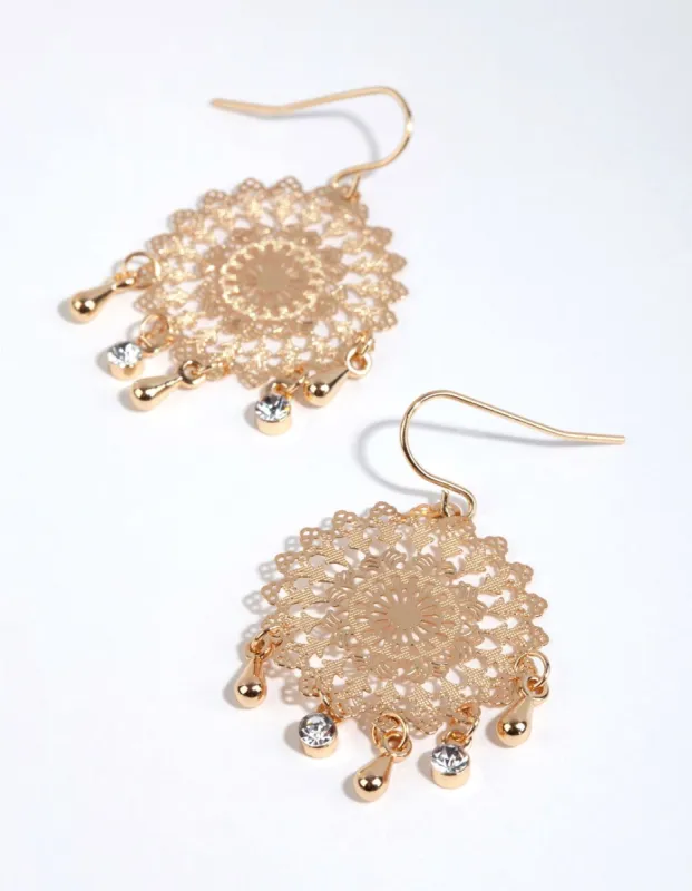 Gold Filigree Stamp Diamante Drop Earrings sold by lovisa