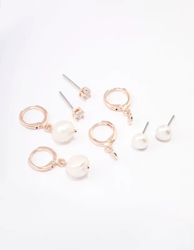 Rose Gold Plated Freshwater Pearl & Cubic Zirconia Earring Pack sold by lovisa