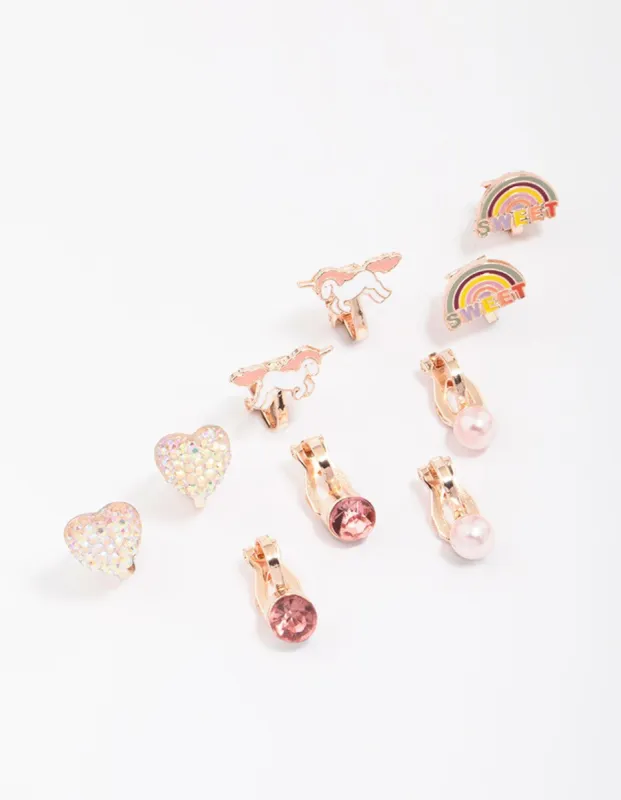 Kids Rose Gold Unicorn Clip-On Earrings 5-Pack sold by lovisa