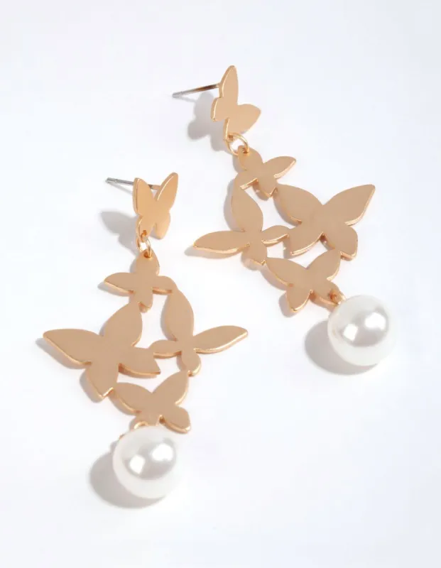 Metallic Gold Kaleidoscope Butterfly Pearl Earrings sold by lovisa