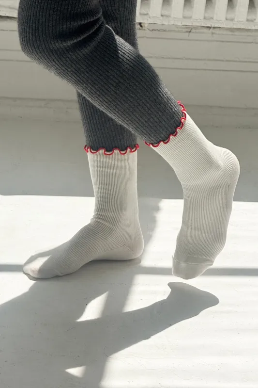 Ruffled Modal Socks - Cream / Red Edge sold by Le Bon Shoppe