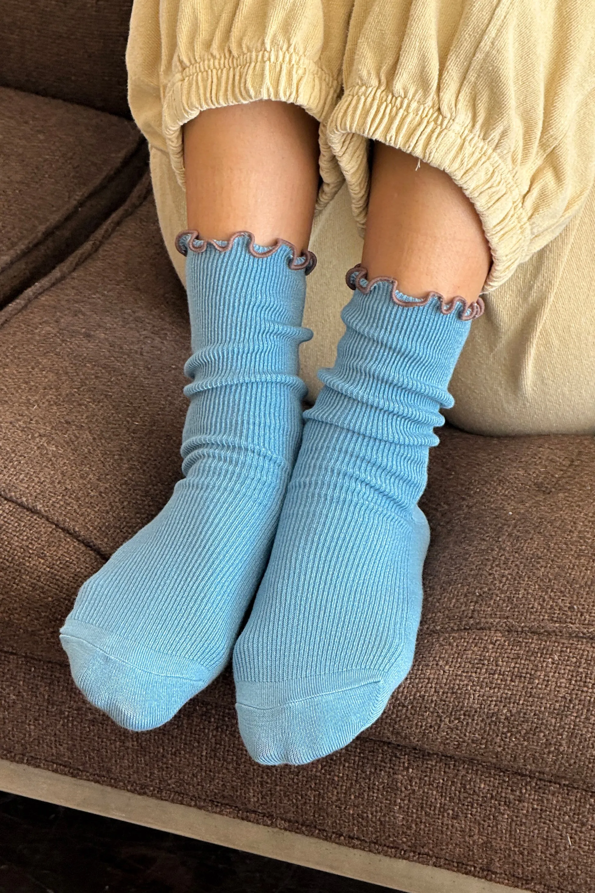 Ruffled Modal Socks - Powder Blue / Brown Edge sold by Le Bon Shoppe product image thumbnail 3