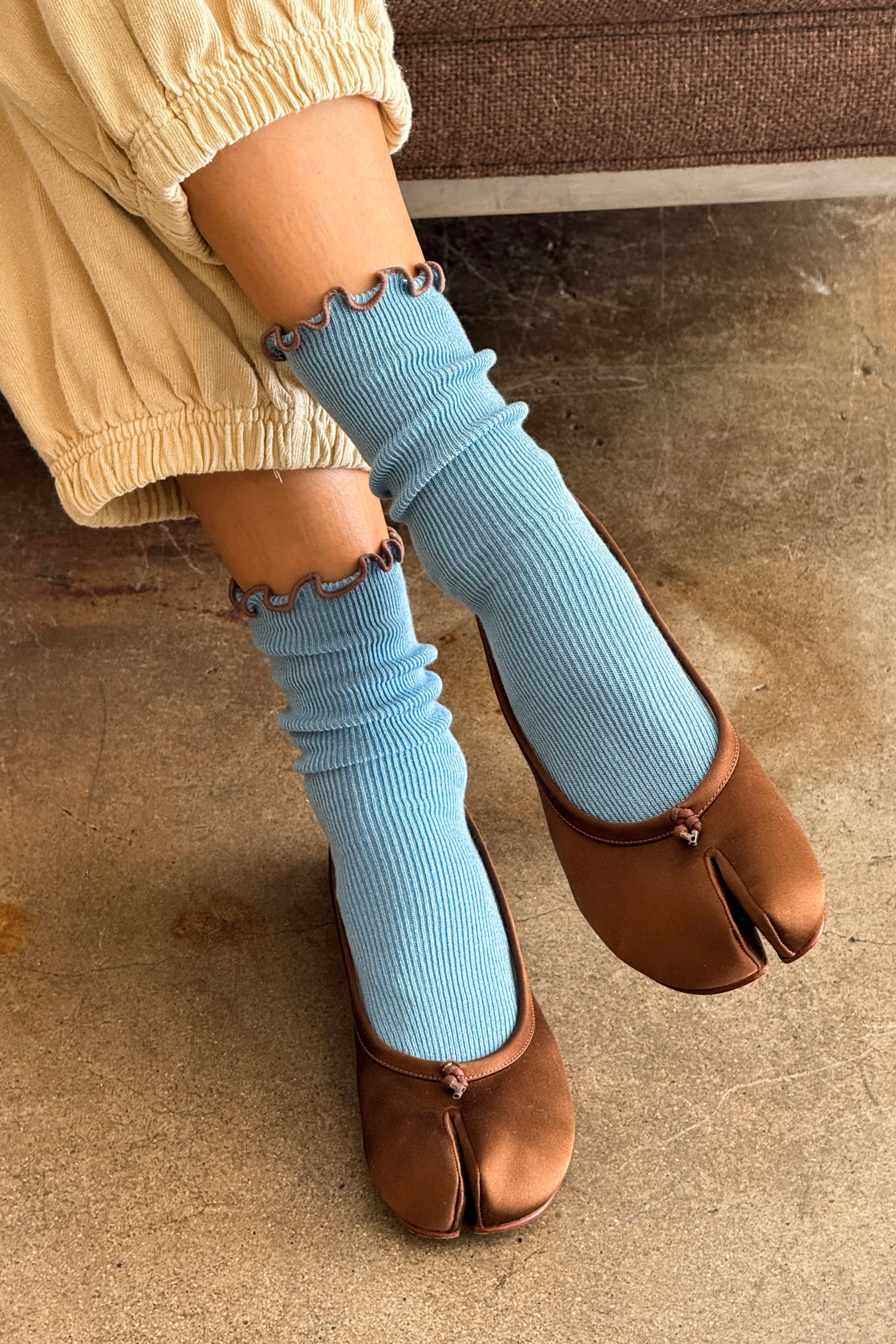 Ruffled Modal Socks - Powder Blue / Brown Edge sold by Le Bon Shoppe
