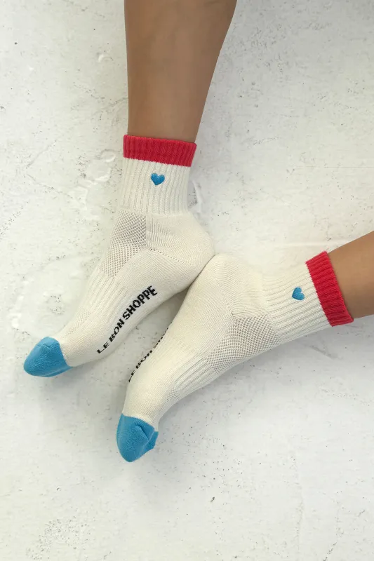 Embroidered Color Block Girlfriend Socks - Blue Red + Heart made by Le Bon Shoppe