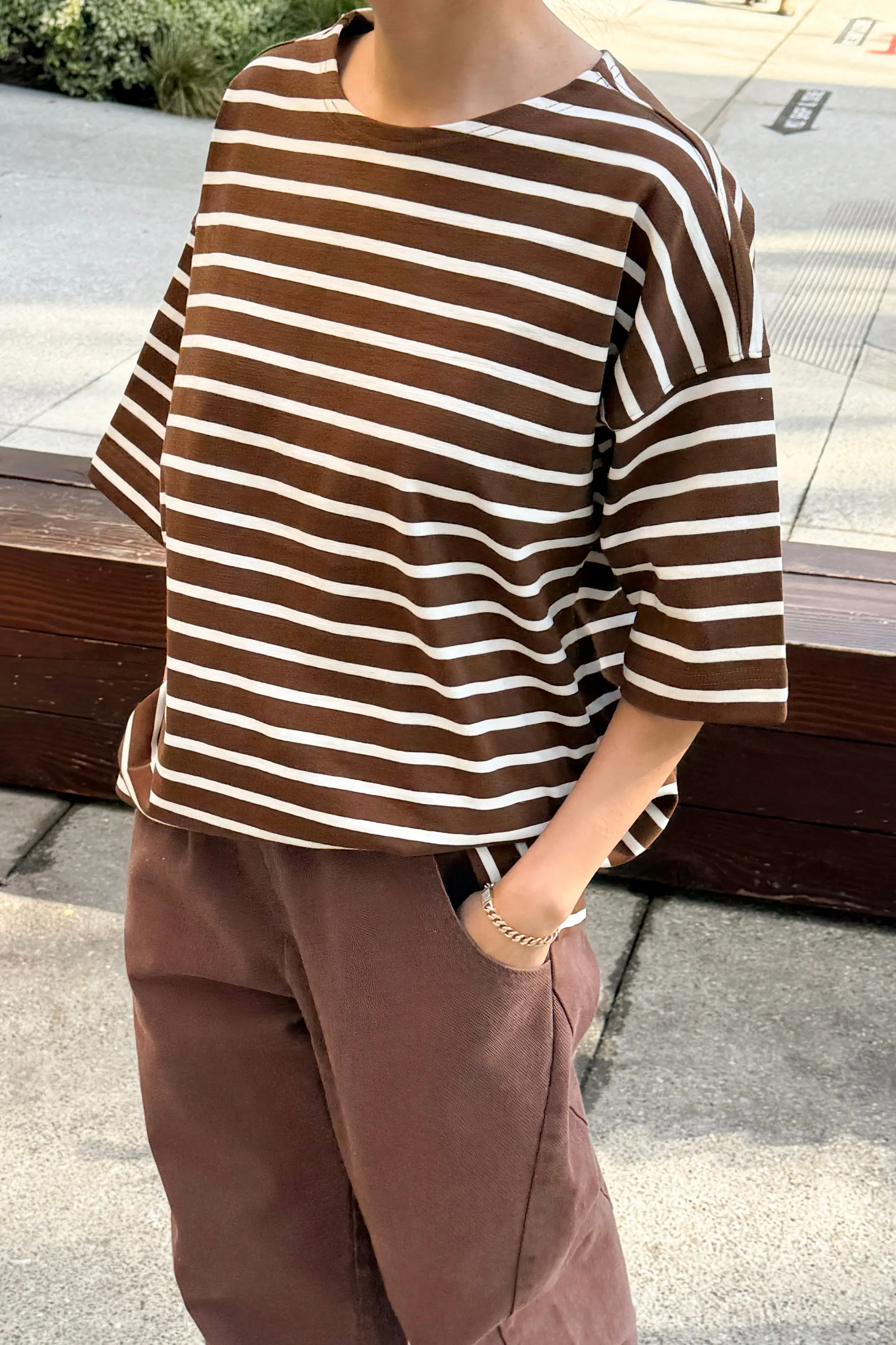 Voyage Tee - White Stripe on Coffee sold by Le Bon Shoppe product image thumbnail 2