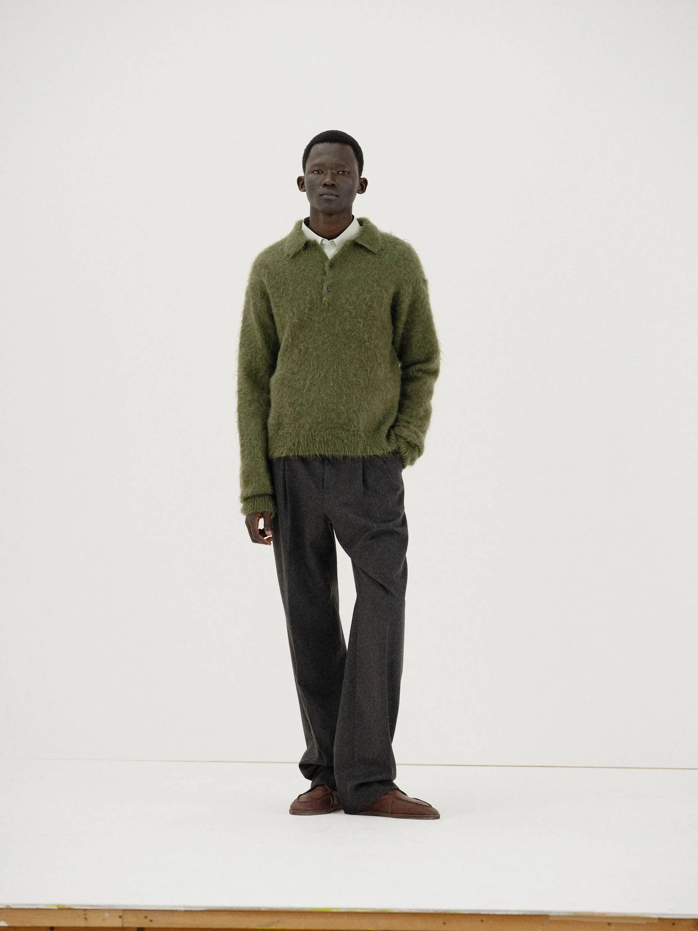 BRUSHED SUPER KID MOHAIR KNIT POLO sold by Auralee