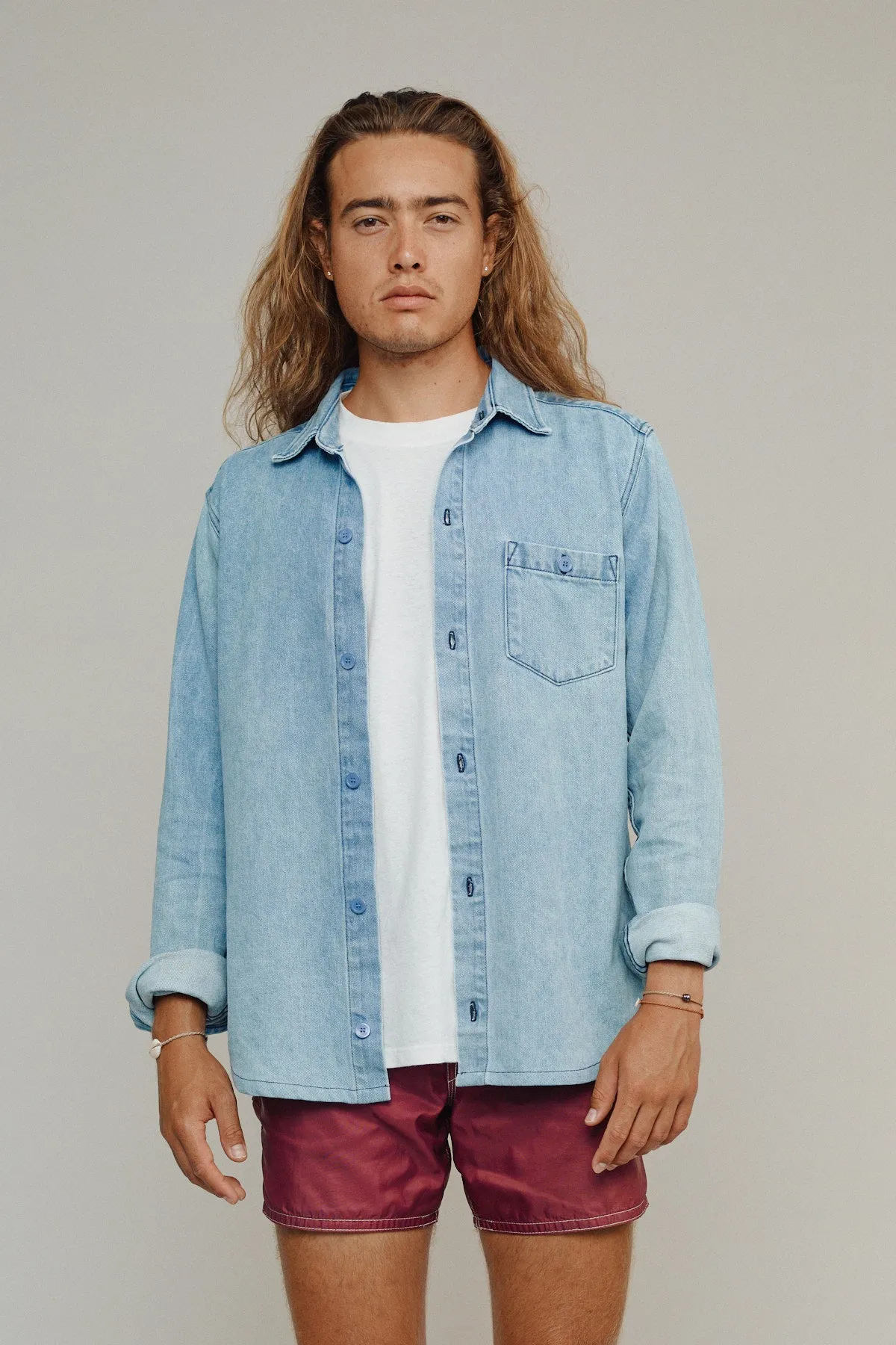 Denim Curved Hem Topanga Shirt sold by Jungmaven