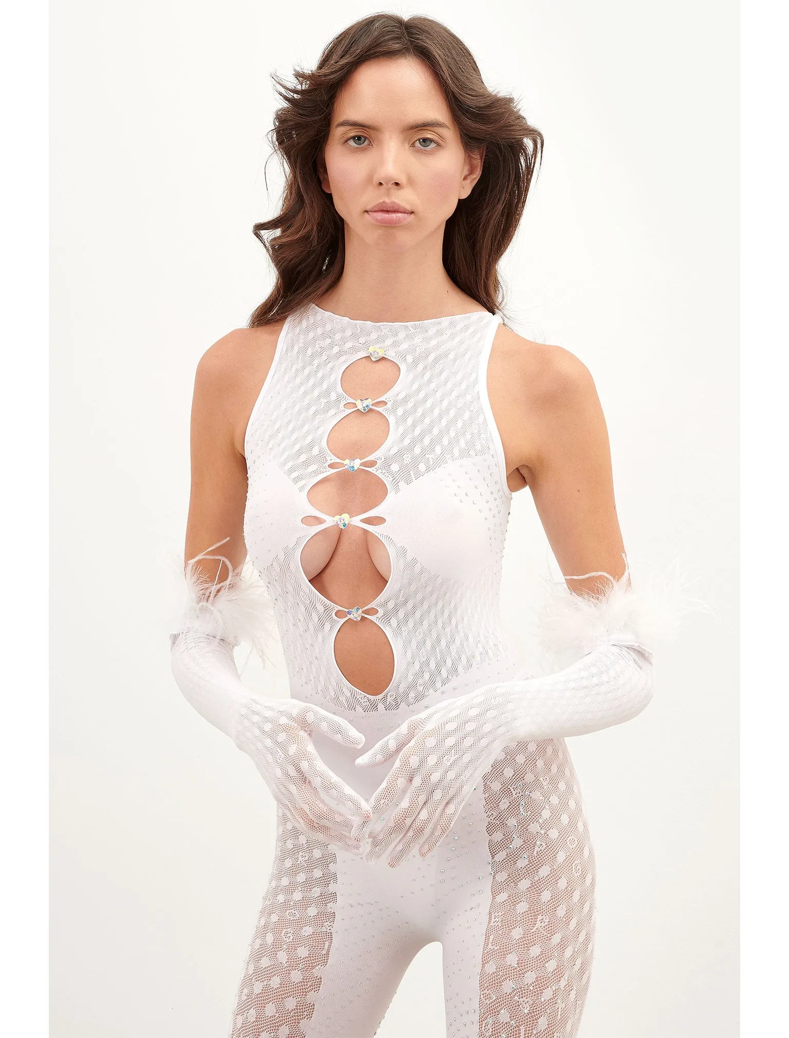 Rhinestoned Janice Jumpsuit X Gloves Set Optic White sold by Poster Girl product image thumbnail 3