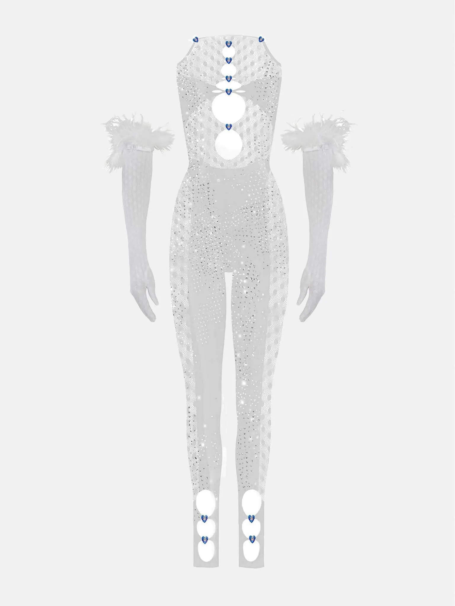 Rhinestoned Janice Jumpsuit X Gloves Set Optic White sold by Poster Girl