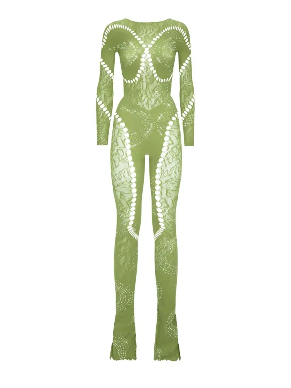 Rhinestoned Kai Jumpsuit Sativa Green sold by Poster Girl