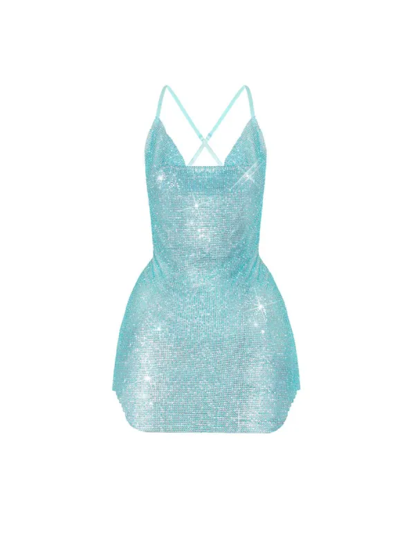 Rhinestoned Calypso Dress in Cerulean Blue sold by Poster Girl