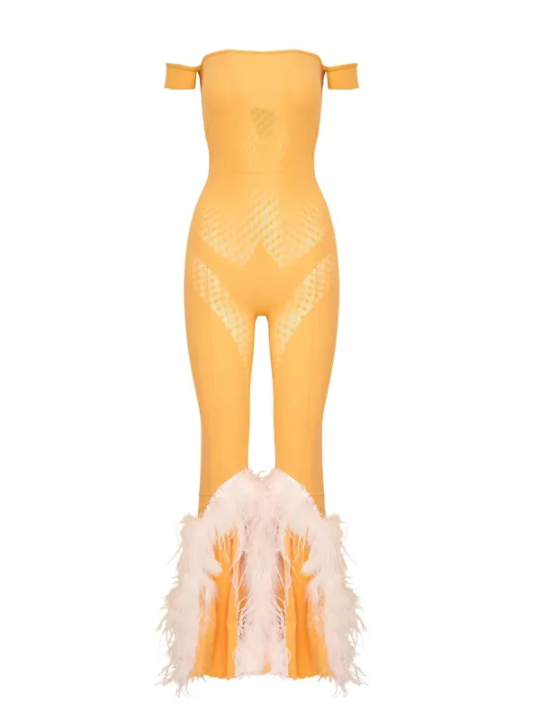 Junia Jumpsuit in Papaya Soft Pink Marabou Feathers sold by Poster Girl