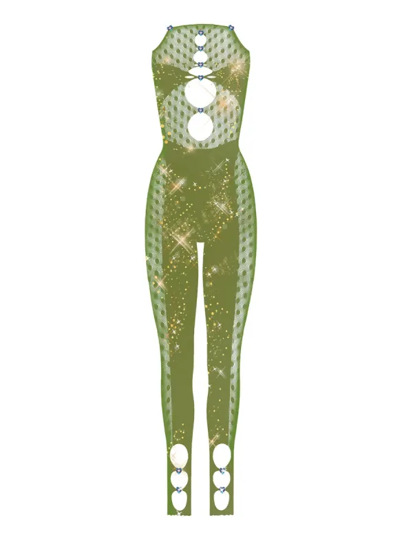 Rhinestoned Janice Jumpsuit Khaki sold by Poster Girl