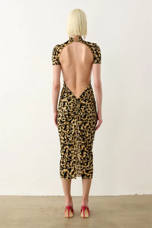 knockout dress with adult themed pattern in beige leopard print Knockout Dress Beige Leopard Print