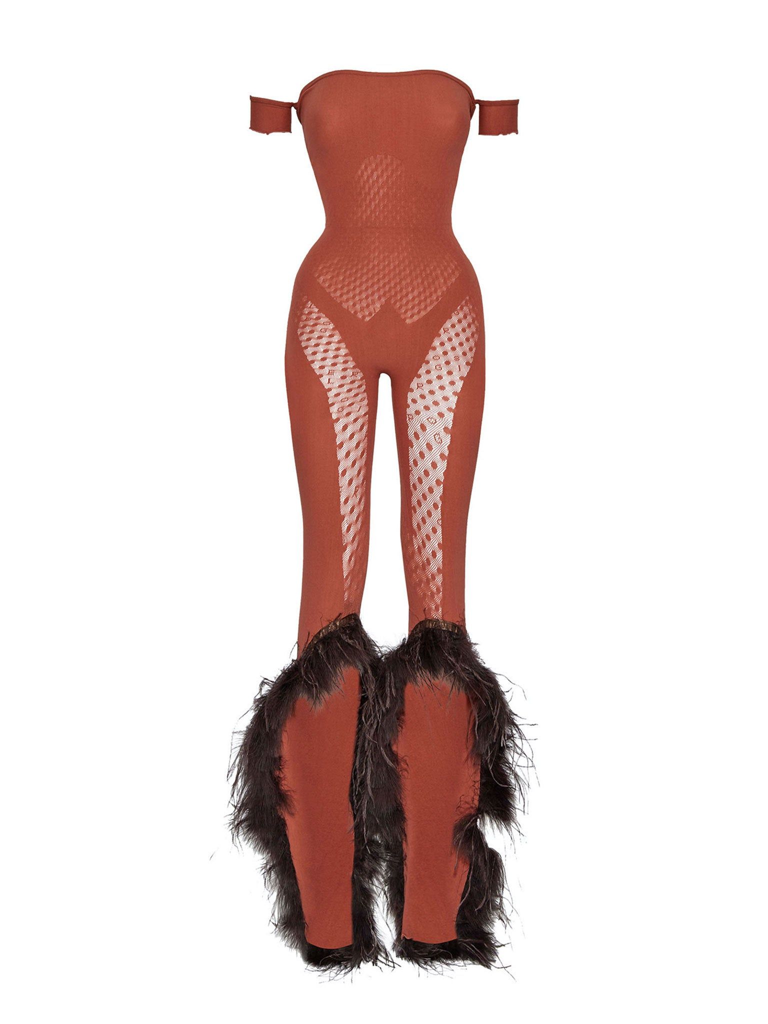 Junia Jumpsuit in Burnt Henna Chocolate Marabou Feathers sold by Poster Girl