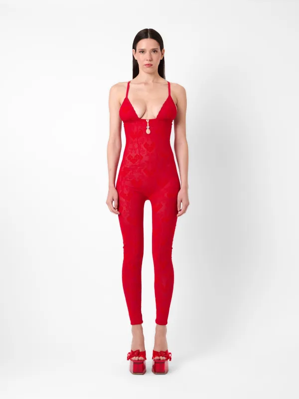 Scarlett Jumpsuit Flocked Mesh Red sold by Poster Girl