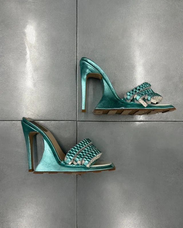 Runway Blue Metallic Heels sold by Poster Girl