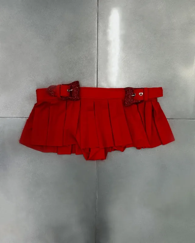 Red Pleated Buckle Micro Skirt sold by Poster Girl