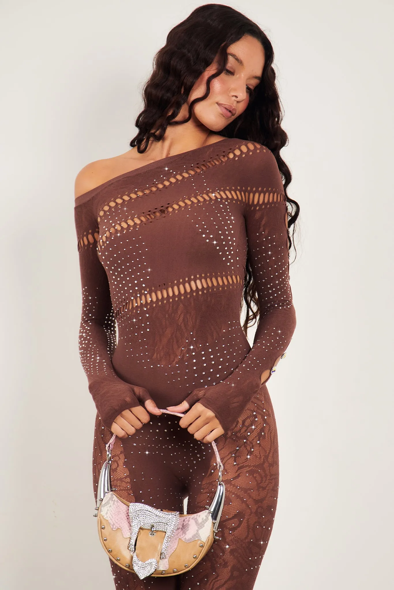 Ivy Long Rhinestone Jumpsuit Old Money Brown sold by Poster Girl product image thumbnail 3