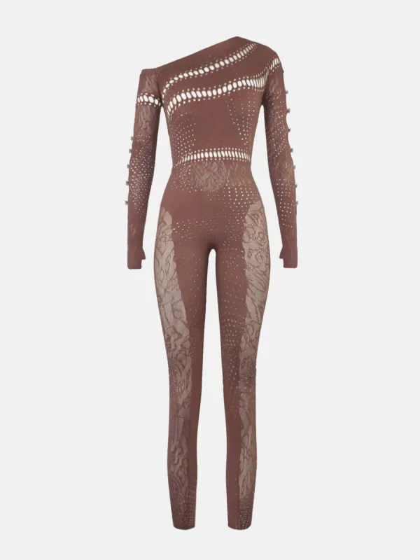 Ivy Long Rhinestone Jumpsuit Old Money Brown sold by Poster Girl