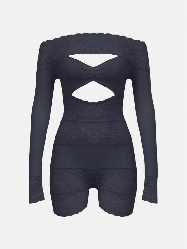 Davina Sleeved Romper Lace Raven Black sold by Poster Girl