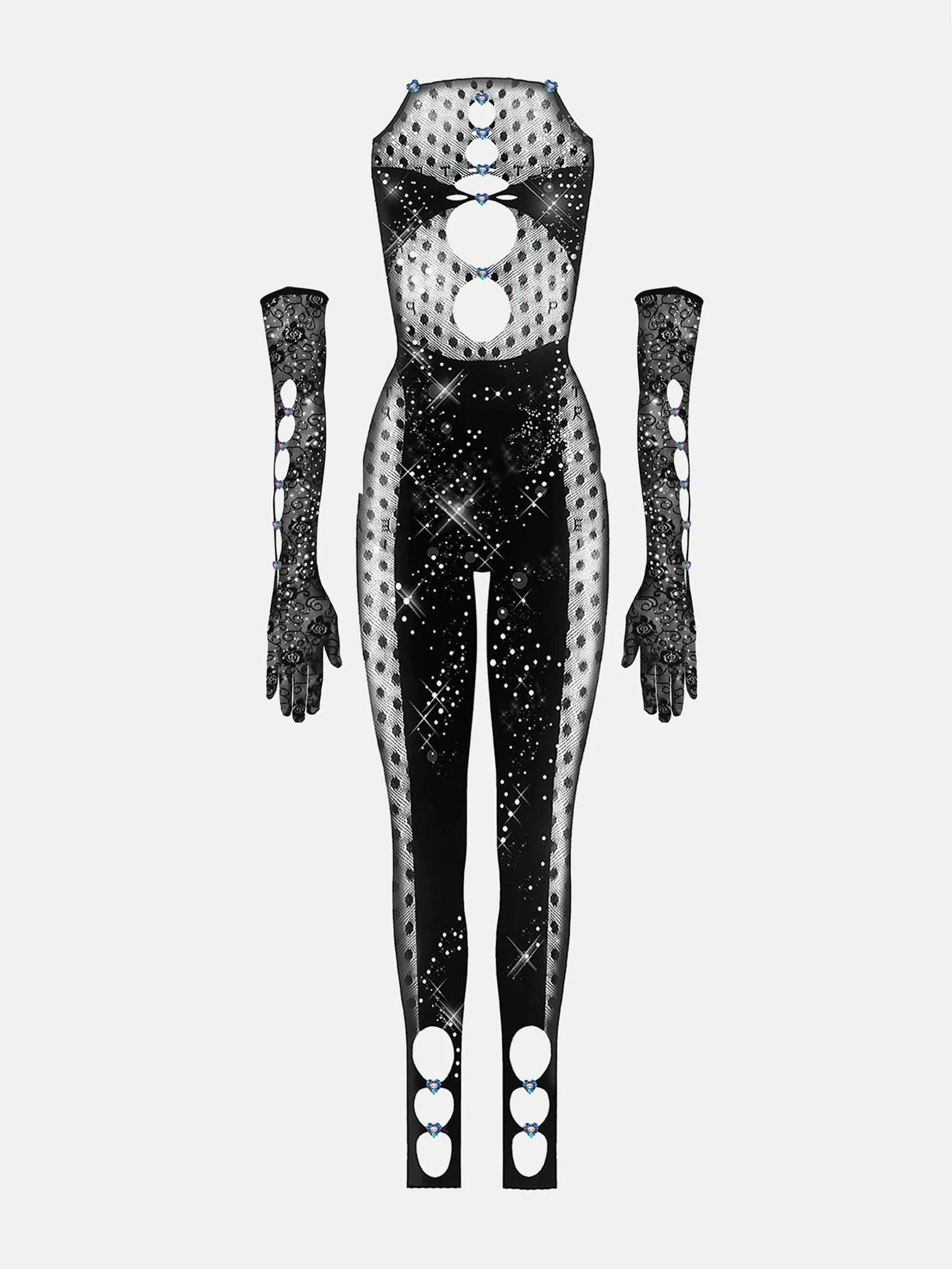 Rhinestoned Janice Jumpsuit X Gloves Set Jet Black sold by Poster Girl