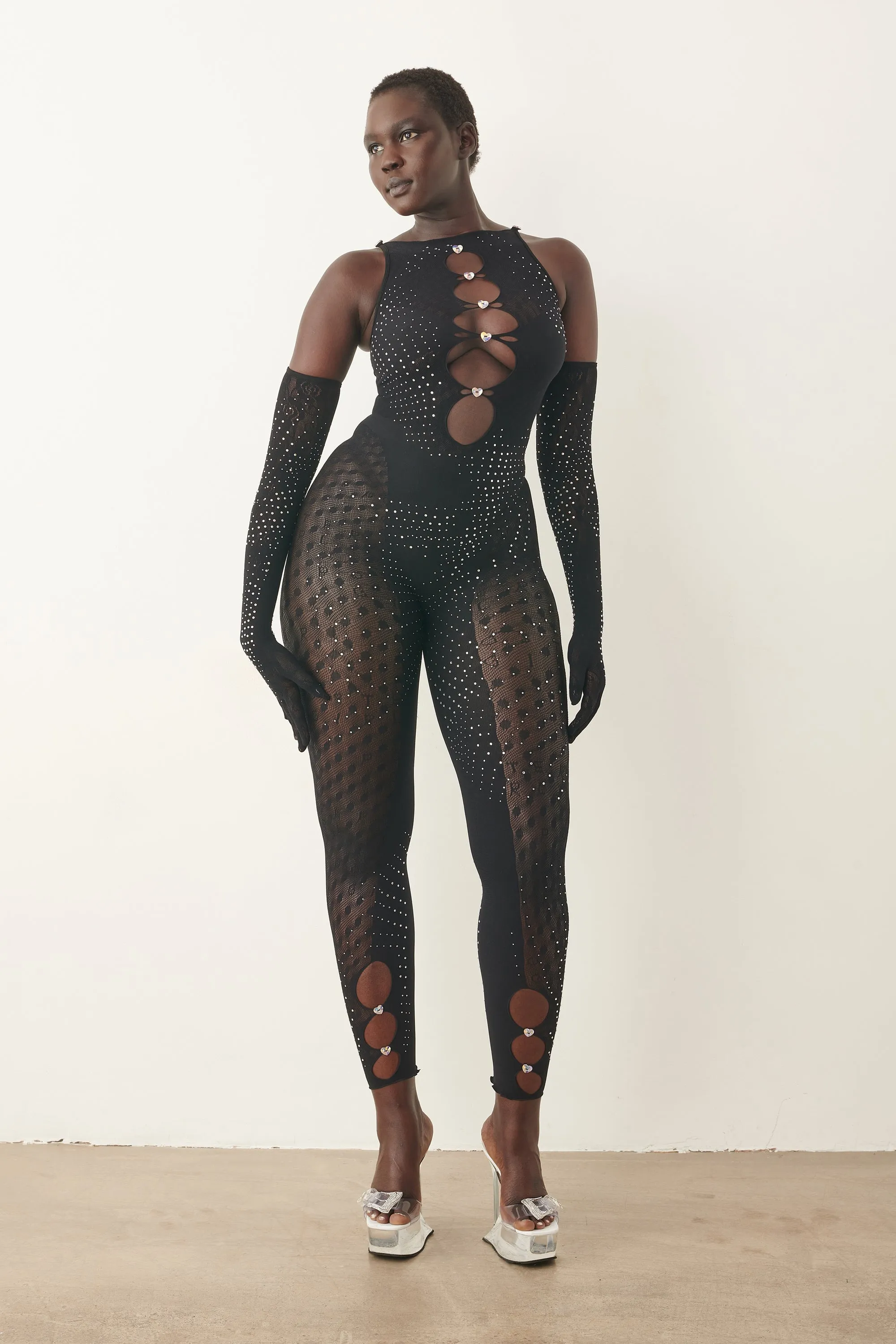 Rhinestoned Janice Jumpsuit X Gloves Set Jet Black sold by Poster Girl product image thumbnail 2