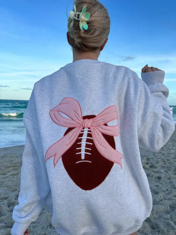 Pearl Grey Pink Bow Football Game Day Embroider Sweatshirt sold by Sunkissed Coconut