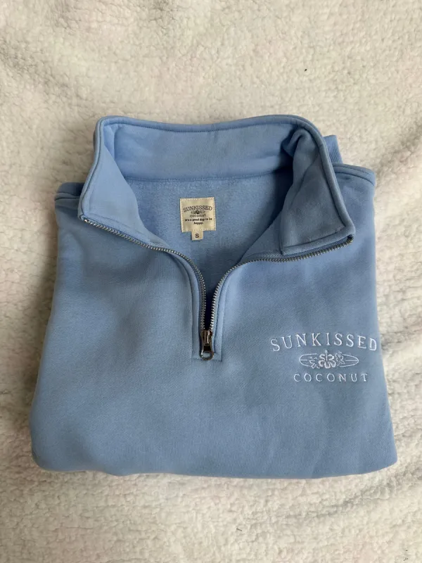 Jess Ocean Blue Embroider Sunkissedcoconut Quarter Zip Sweatshirt sold by Sunkissed Coconut