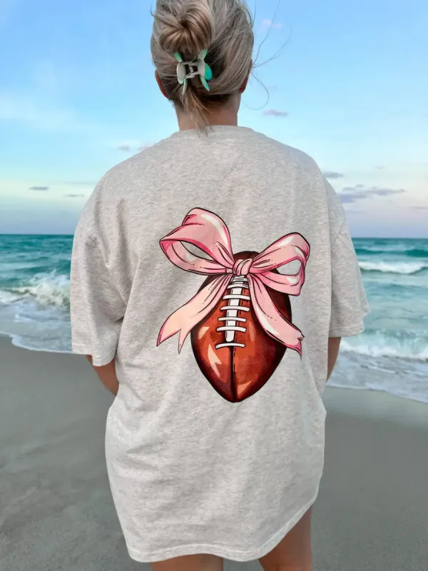Game Day Coquette Bow Football Embroider Tee sold by Sunkissed Coconut
