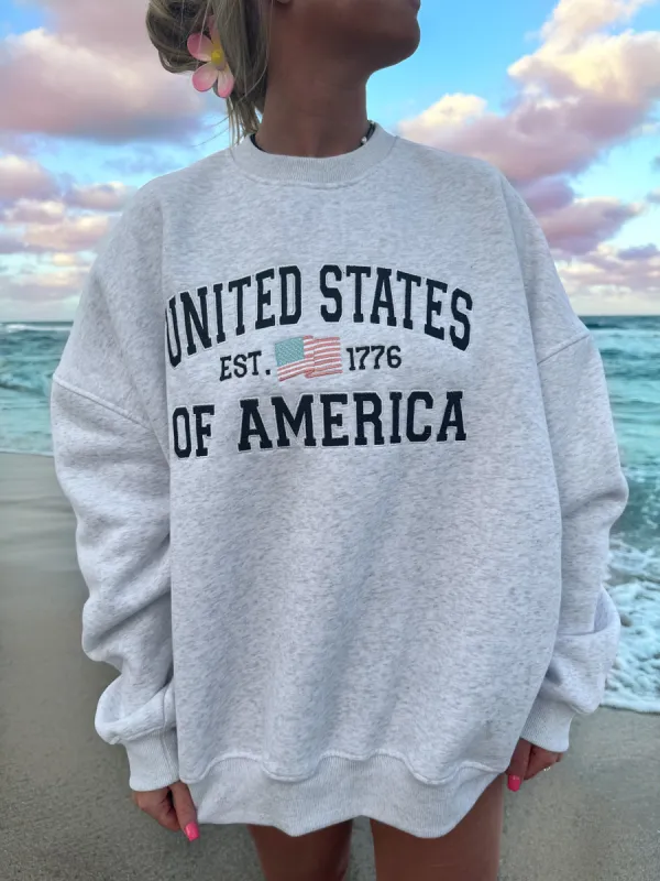 Pearl Grey United States Of America Embroider Flag Sweatshirt sold by Sunkissed Coconut