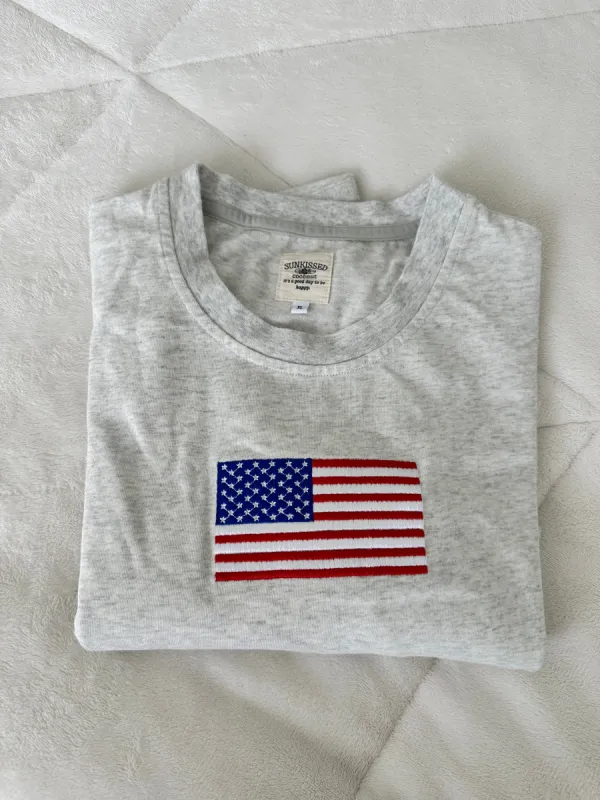 (size XL) American Flag Embroider Tee (Natural Grey) sold by Sunkissed Coconut