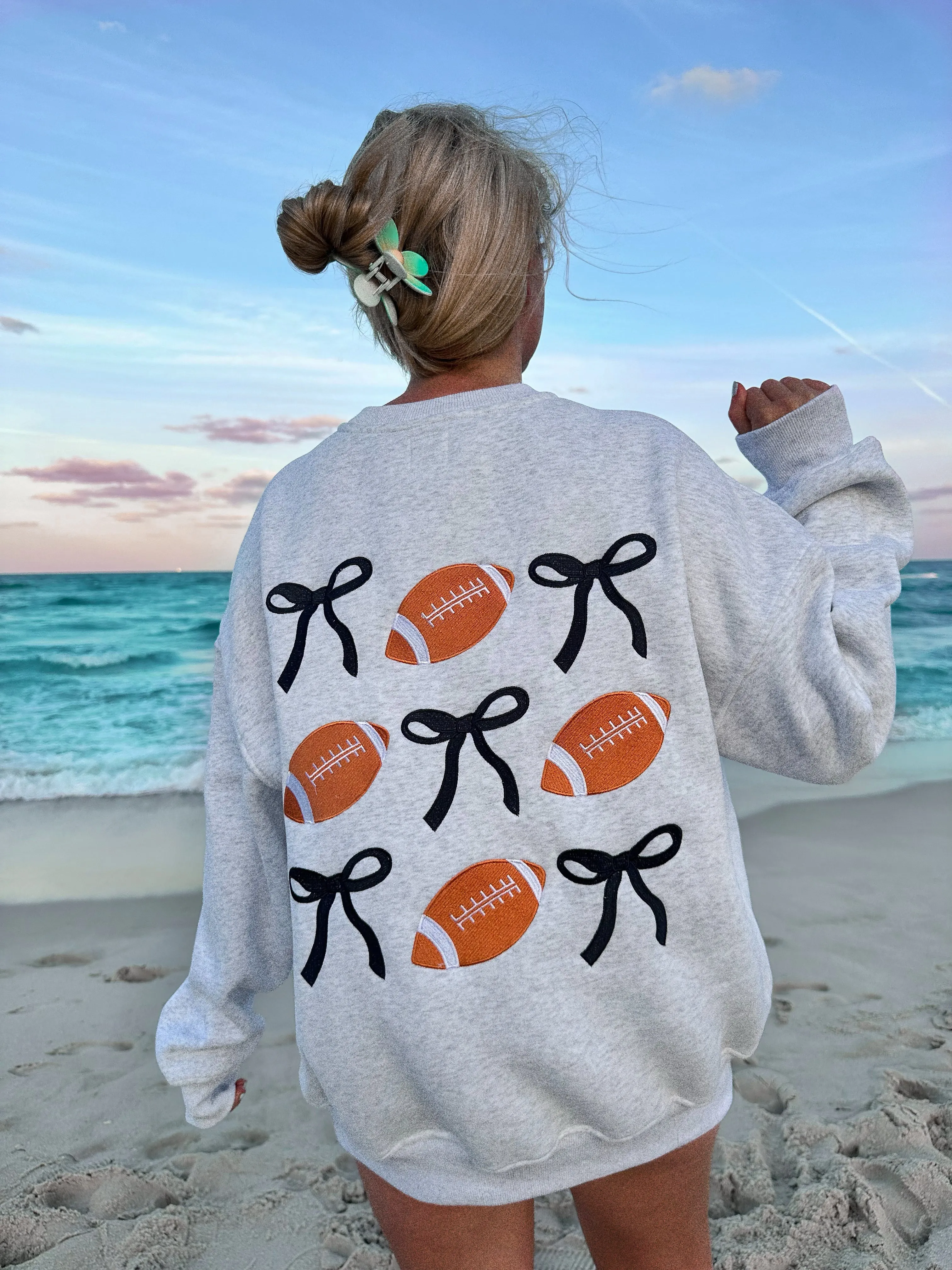 Game Day Embroider Football Bows Sweatshirt sold by Sunkissed Coconut