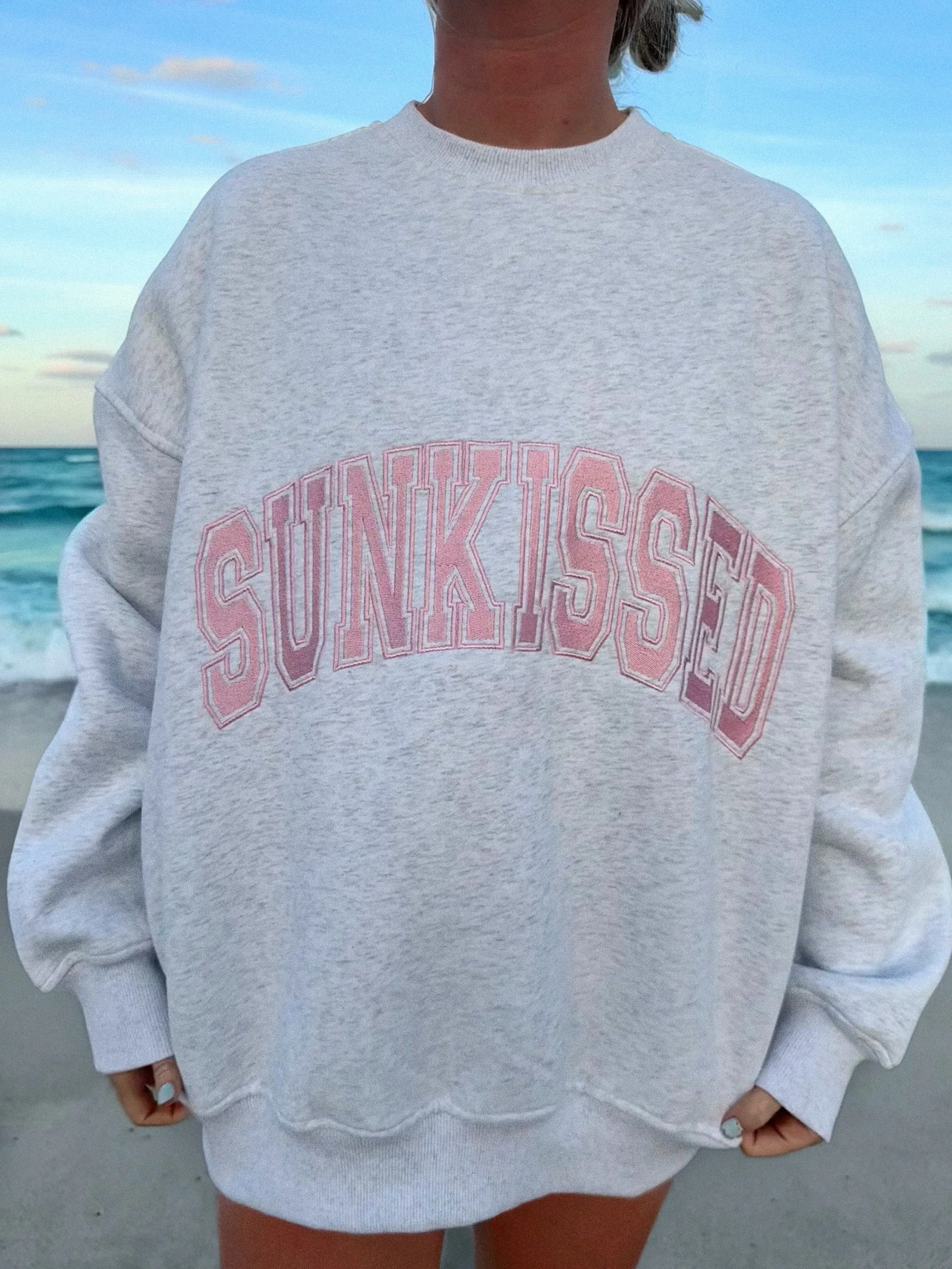 Pearl Grey with Pink Thread Sunkissed Varsity Embroider Sweatshirt sold by Sunkissed Coconut