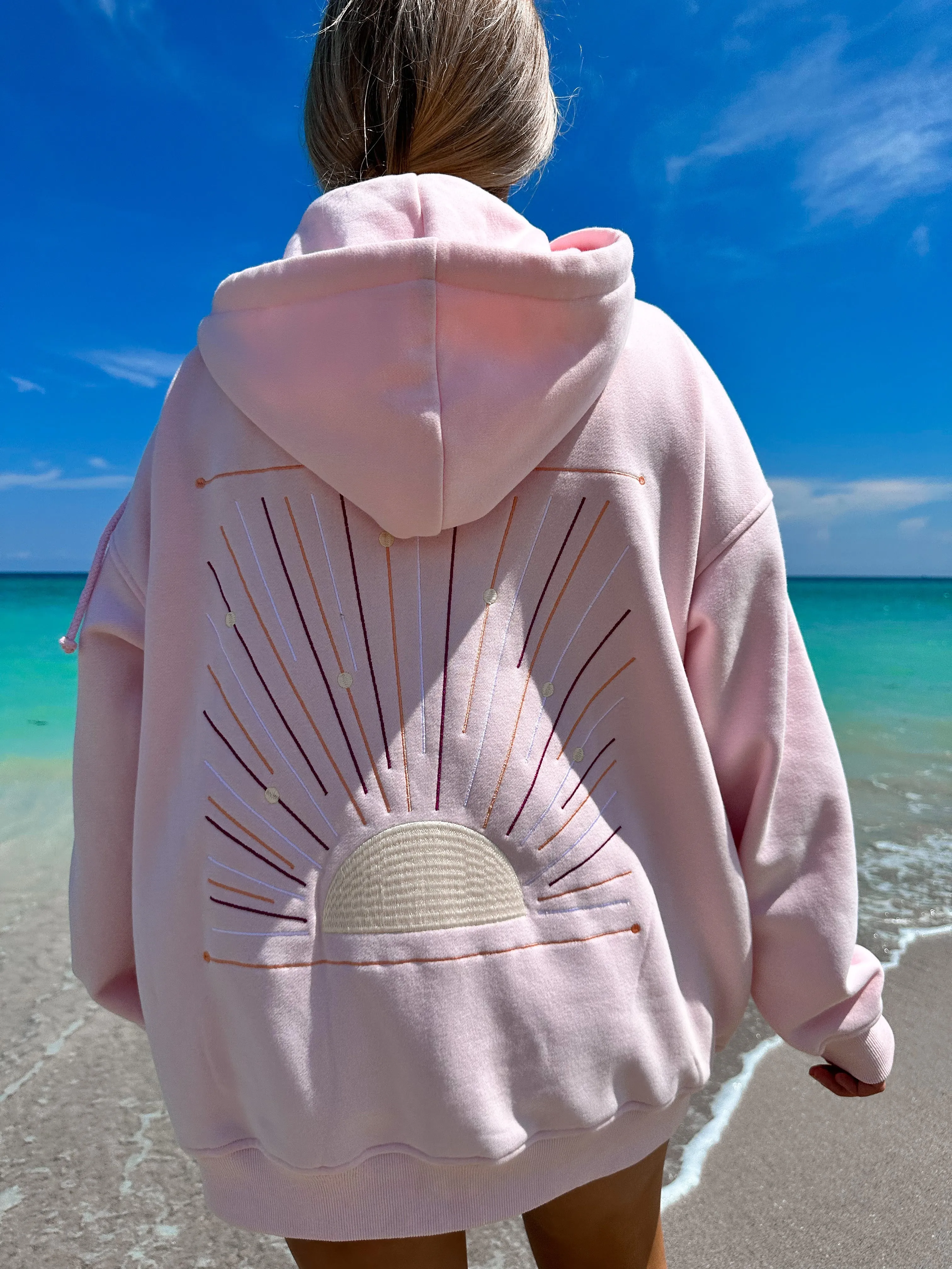 Light Pink Sunset Rays Embroider Hoodie sold by Sunkissed Coconut