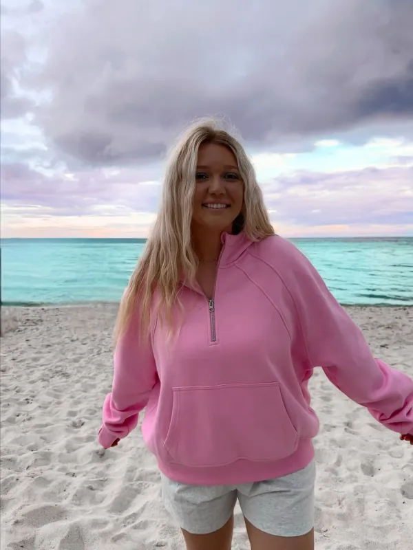 Sweet Pea Pink Pilates Detailed Waist Length Quarter Zip Hoodie sold by Sunkissed Coconut