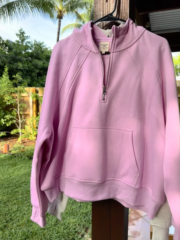 Pink Lavender  Pilates Detailed Waist Length Quarter Zip Hoodie sold by Sunkissed Coconut
