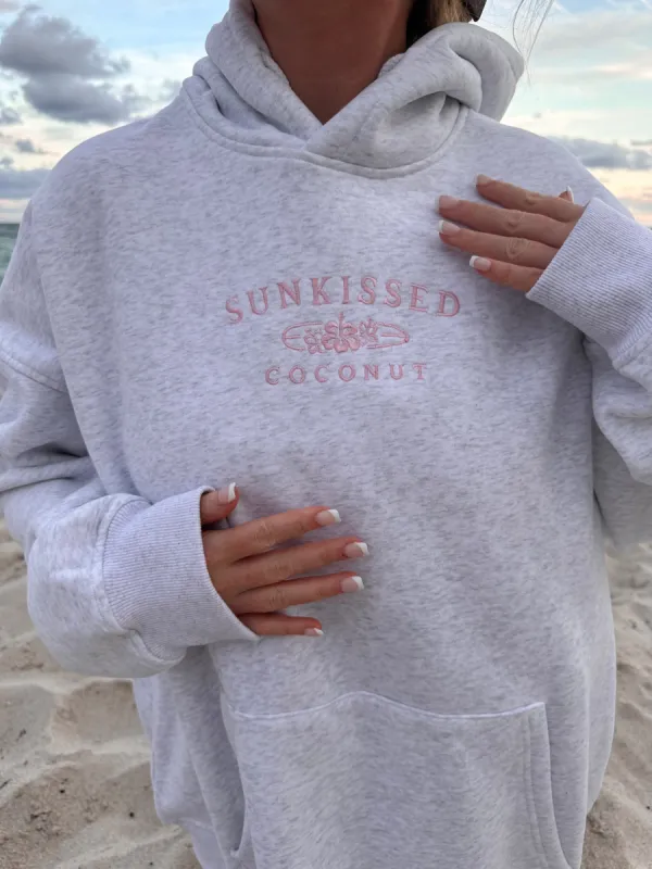Pearl Grey and Pink Thread Sunkissedcoconut Logo Embroider Hoodie sold by Sunkissed Coconut