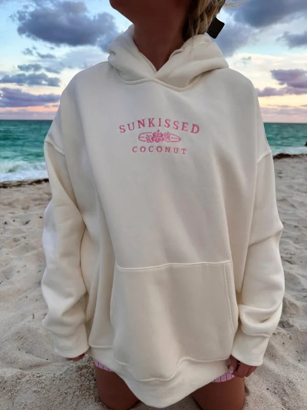 Ivory and Hibiscus Pink Sunkissedcoconut Logo Embroider Hoodie sold by Sunkissed Coconut
