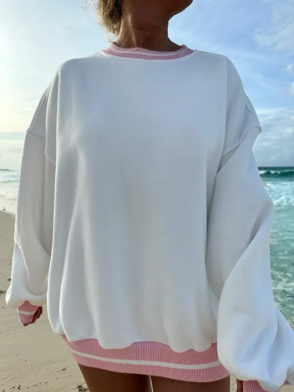 Blank White And Pink Preppy Crew Sweatshirt sold by Sunkissed Coconut