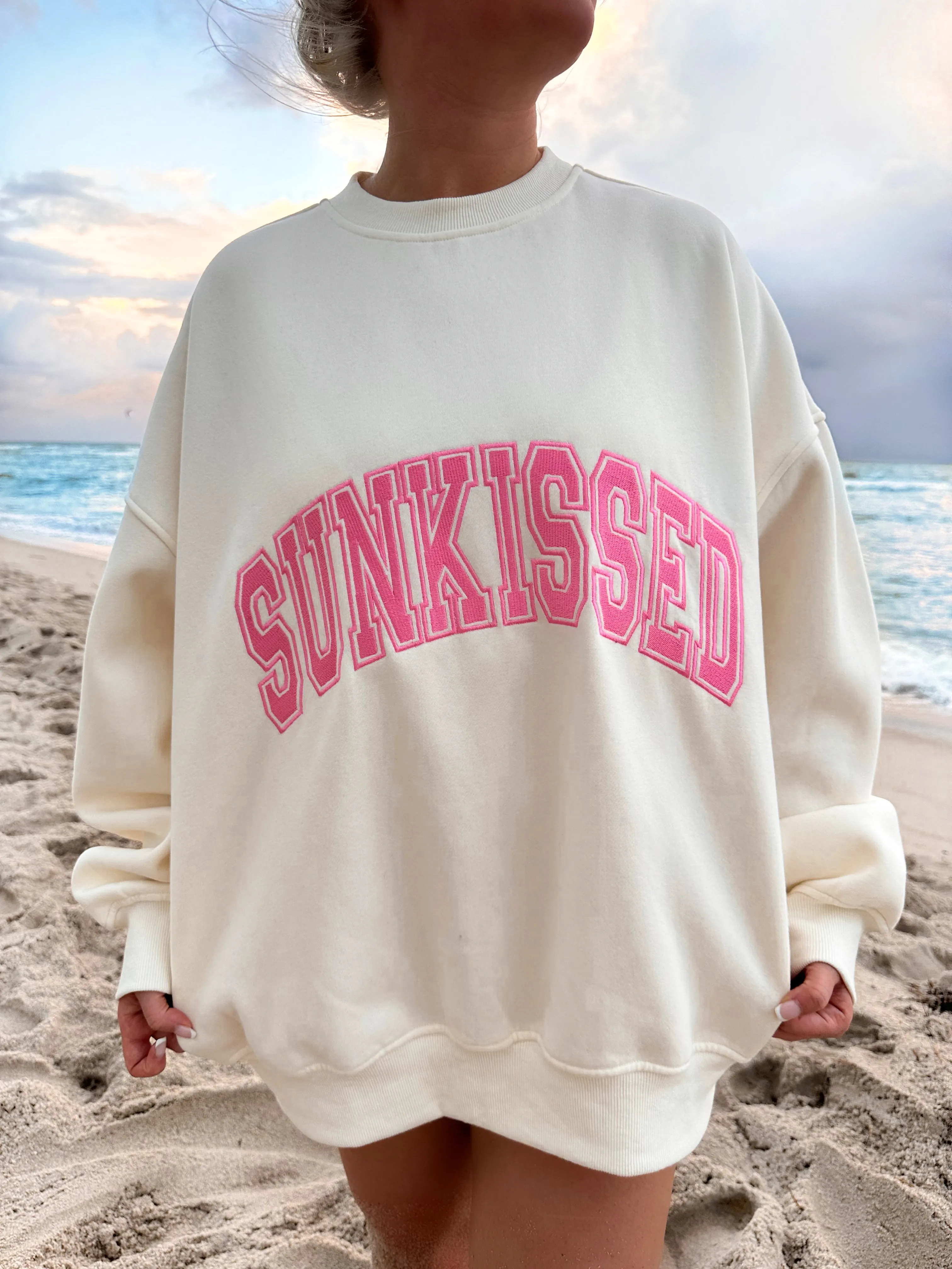 Ivory and Hibiscus Pink Varsity Embroider Sweatshirt sold by Sunkissed Coconut