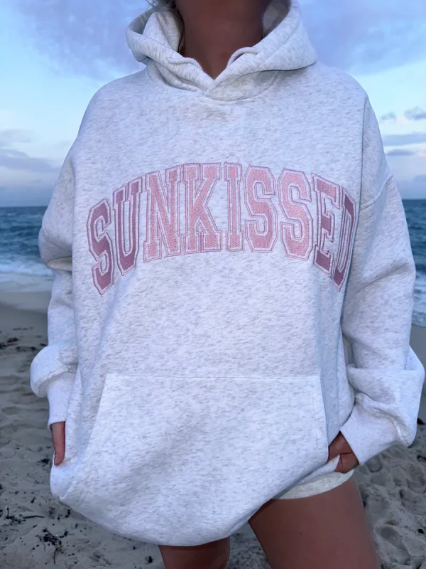Pearl Grey with Pink Thread Sunkissed Varsity Embroider Hoodie sold by Sunkissed Coconut