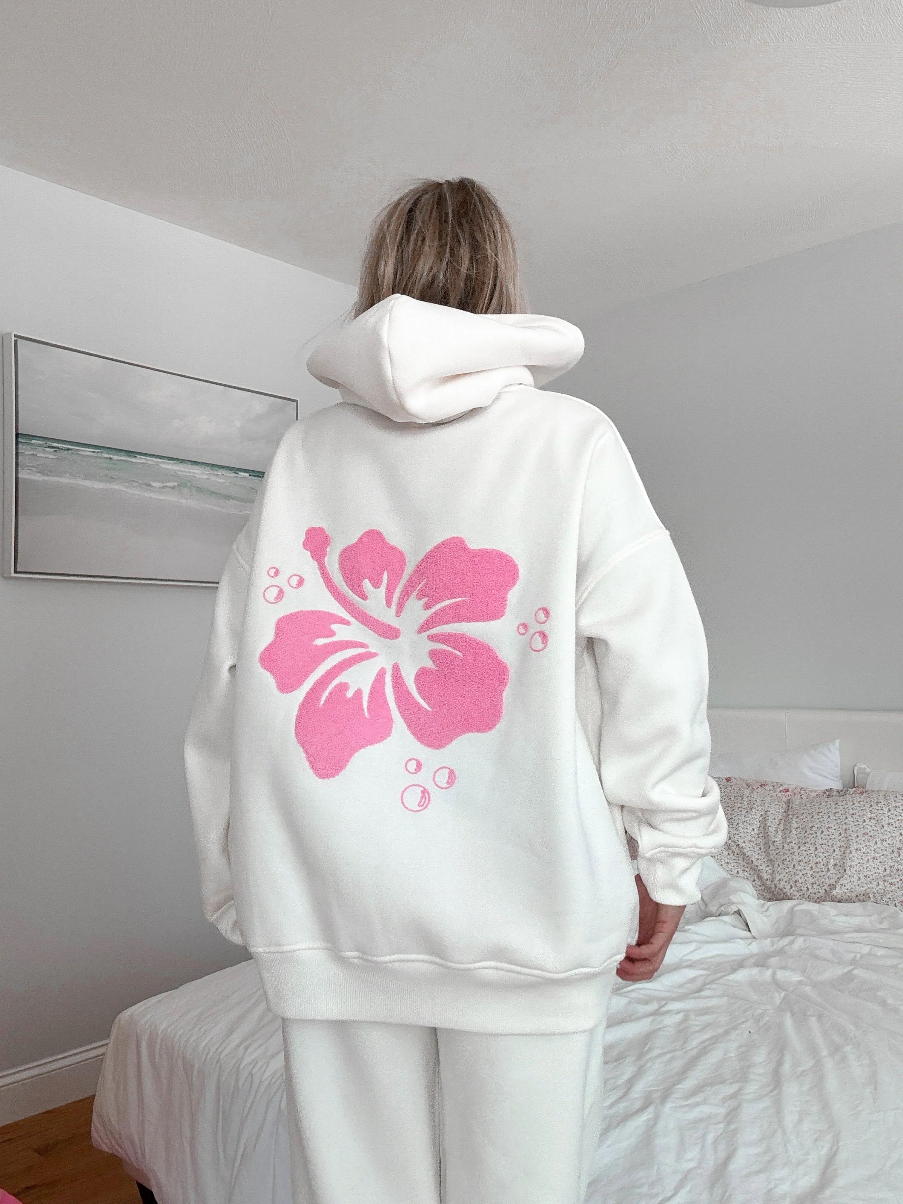 Ivory Hibiscus Flower Hoodie sold by Sunkissed Coconut