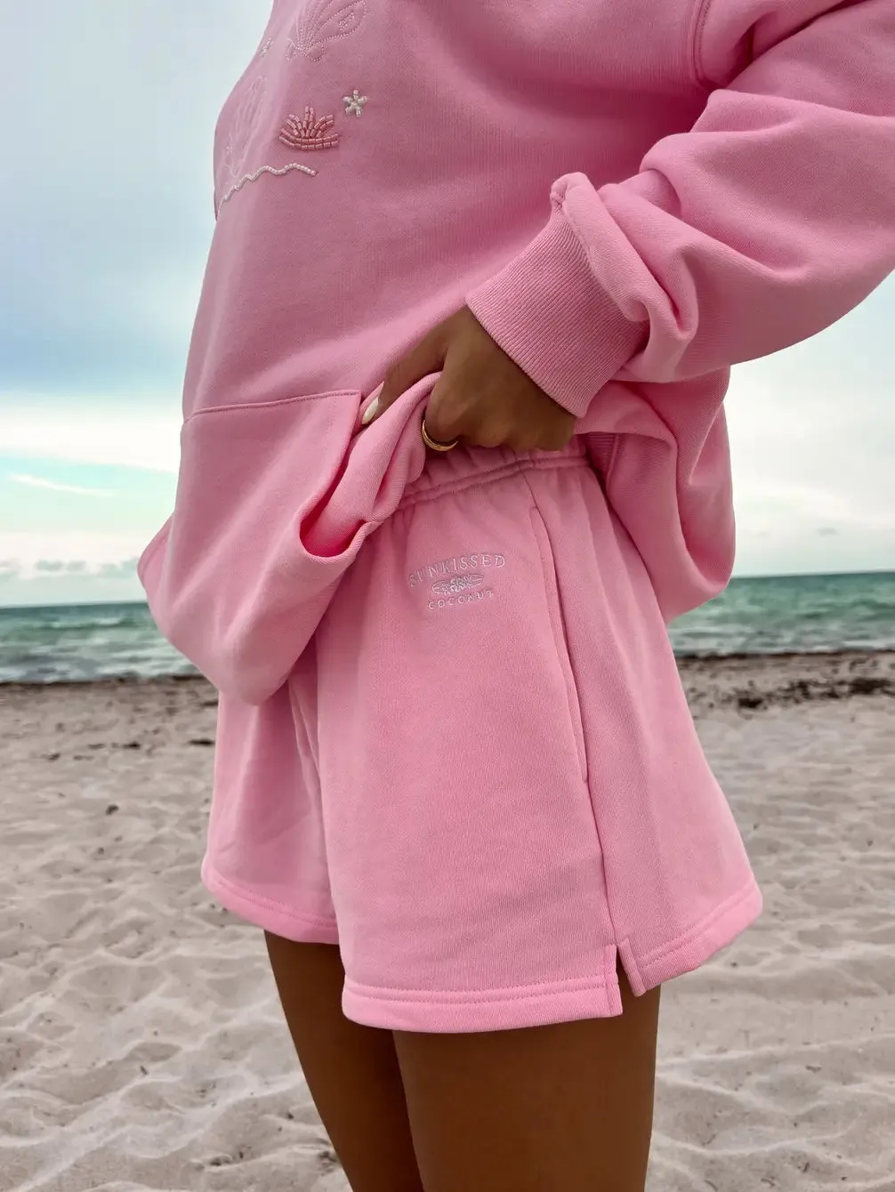Lottie Pink Embroidered Sweat Shorts 100% Cotton sold by Sunkissed Coconut