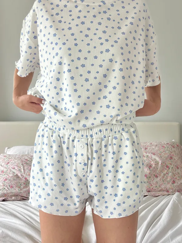 White Lilo Blue Floral Pajama Shorts sold by Sunkissed Coconut