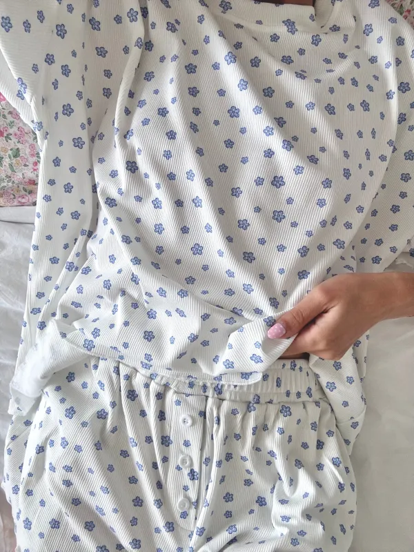 White Lilo Blue Floral Short Sleeve Pajama Top sold by Sunkissed Coconut