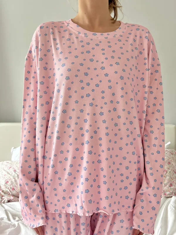 Light Pink Lilo Blue Floral Long Sleeve Pajama Top sold by Sunkissed Coconut